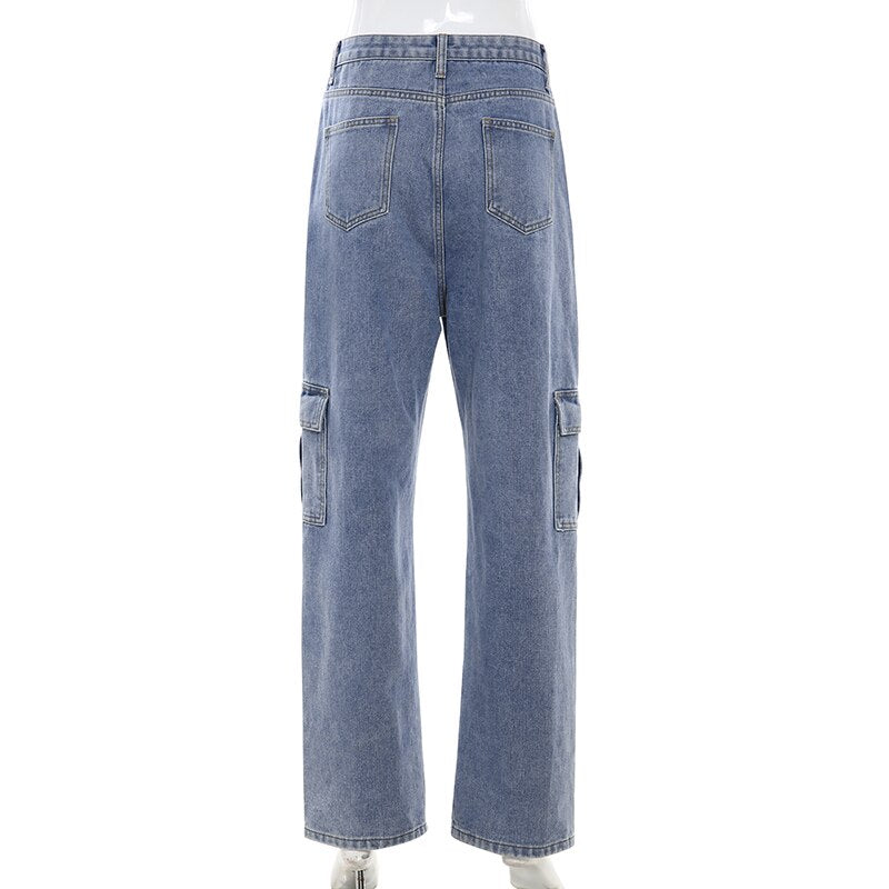 Pantalones vaqueros HEYounGIRL informales azules de cintura alta, pantalones rectos con bolsillos Vintage, ropa de calle holgada coreana a la moda para mujer