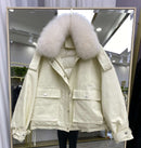 Janveny Real Fox Fur Women's Down Jacket 2021 Short Loose 90% White Duck Down Coat Fashion Female Big Pocket Puffer Snow Outwear