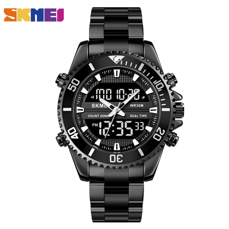 SKMEI Dual Display Watches Mens Fashion Digital Wristwatches Chrono Alarm Men Clock Waterproof Stainless Steel Relogio Masculino