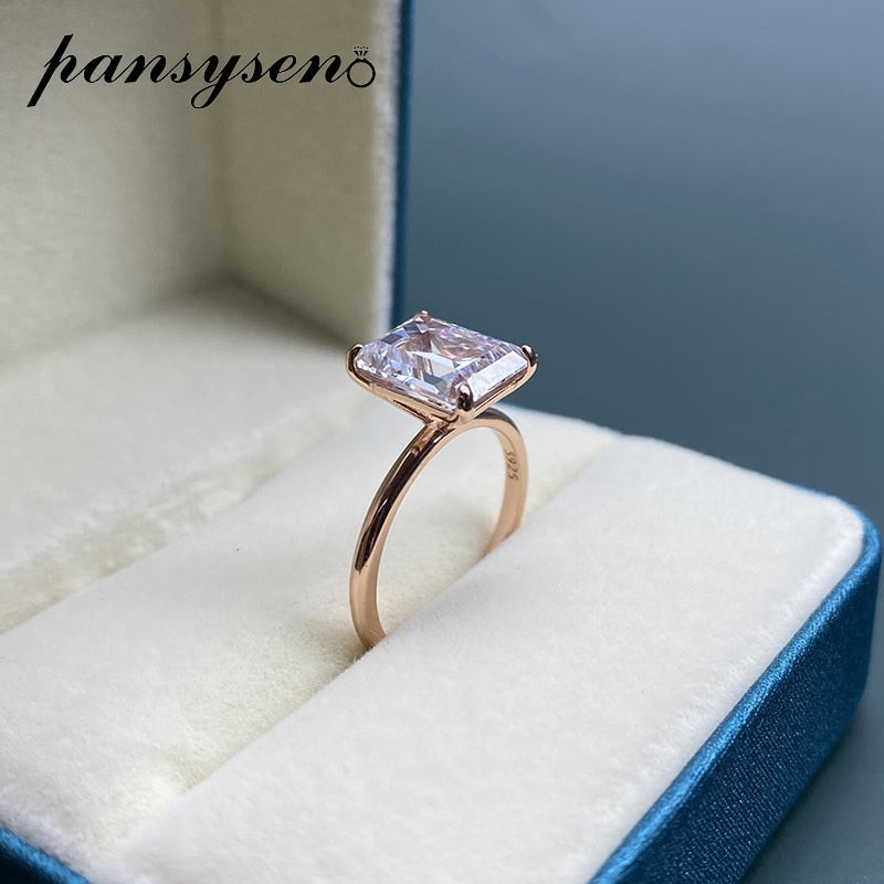 PANSYSEN White/Yellow/Rose Gold Color Luxury 8x10MM Emerald Cut AAA Zircon Rings for Women 100% 925 Sterling Silver Fine Jewelry