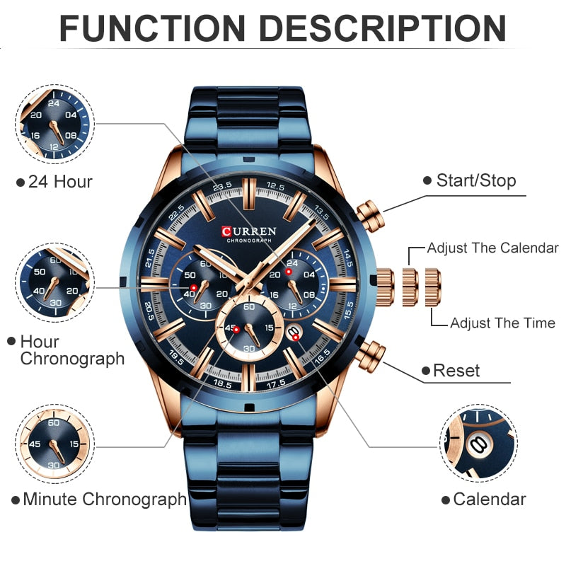 CURREN Herrenuhr Top-Marke Luxus Sport Quarz Herrenuhren Vollstahl Wasserdicht Chronograph Armbanduhr Herren Relogio Masculino