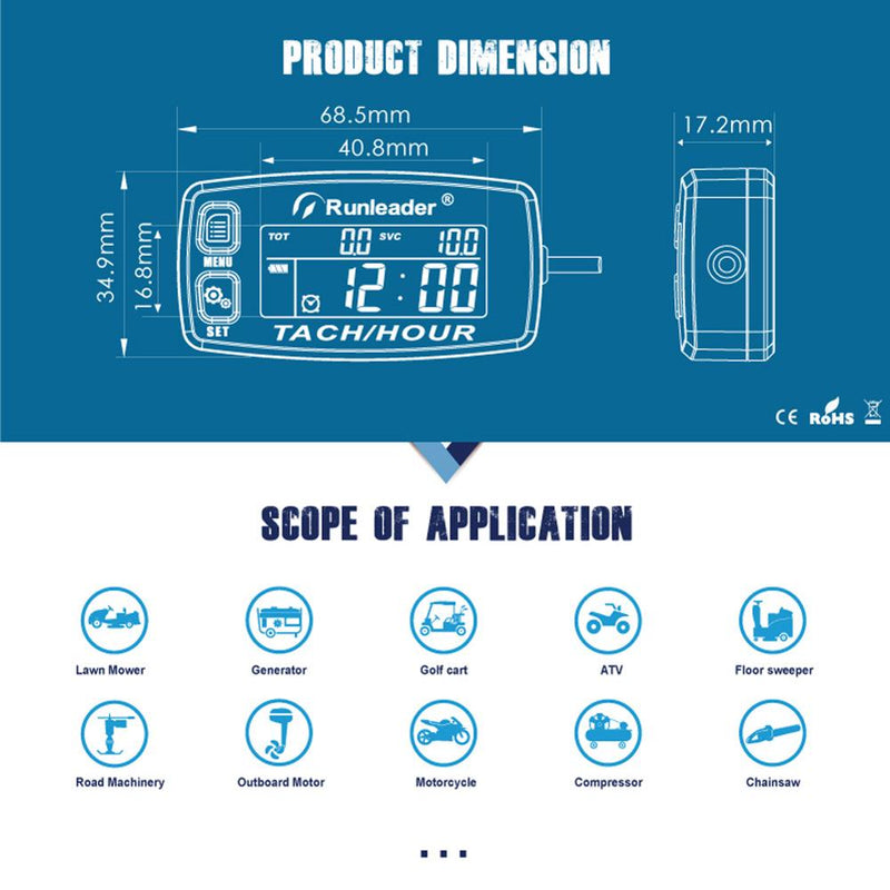 Inductive Tachometer Gauge Alert RPM Engine Hour Meter Backlit Resettable Tacho Hour Meters for Motorcycle ATV  Lawn Mower