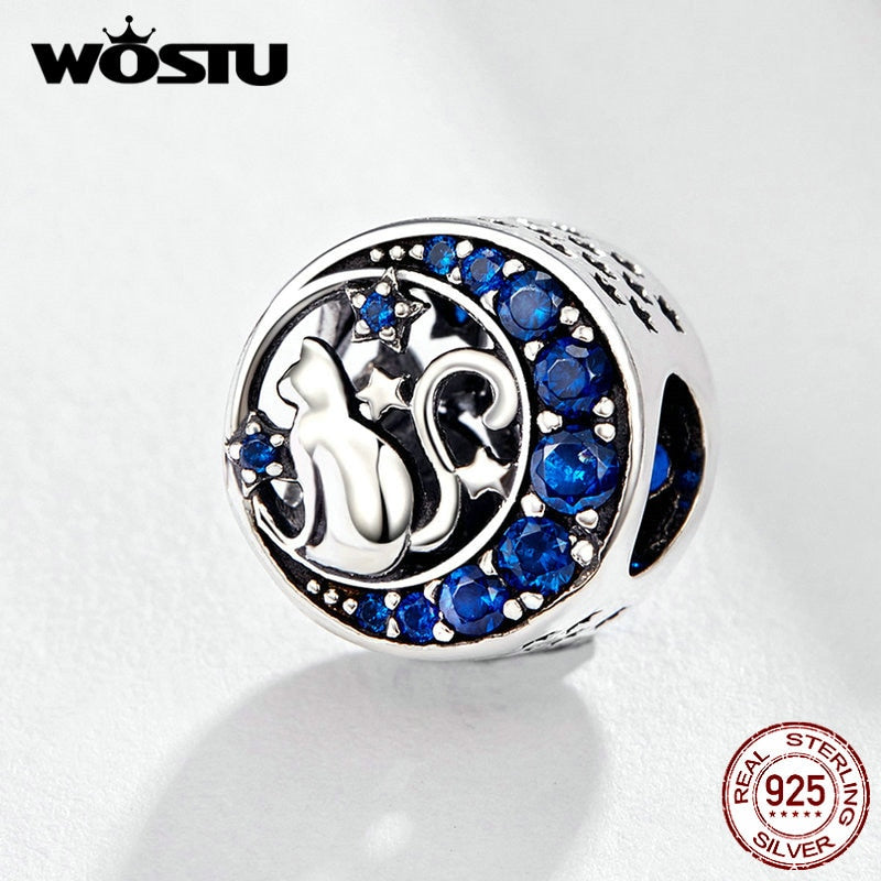 WOSTU Cute Cat Charms 925 Sterling Silver Animal Pussy Zirconia Beads Fit Original Bracelet Pendant DIY Necklace Jewelry