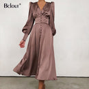 Bclout, elegante vestido camisero de satén con una sola botonadura, moda Beige, ajustado, cuello en V, vestidos largos para mujer, manga larga, bata de otoño e invierno