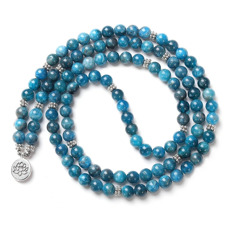 Natural Stone Women Men 108 Mala Apatite with Lotus OM Buddha Charm Yoga Bracelet or Necklace Natural Jewelry