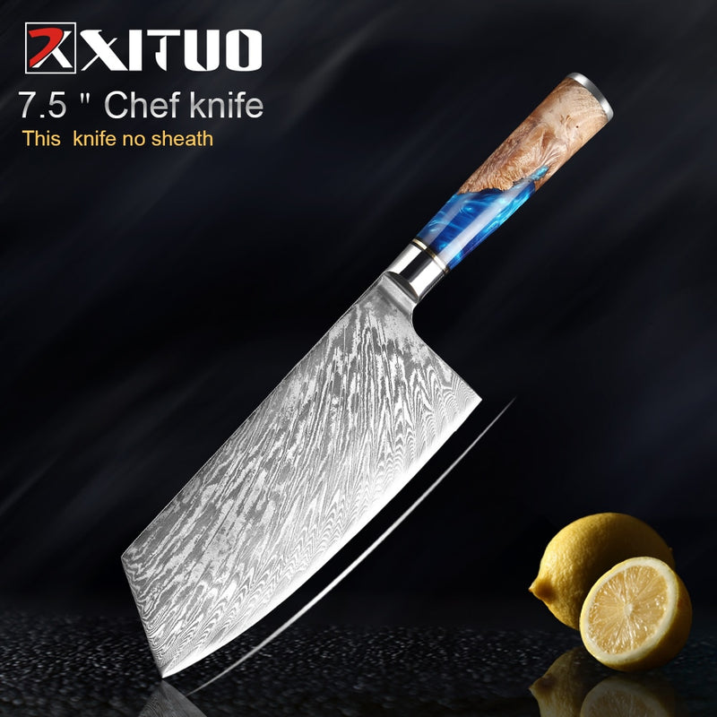 XITUO Kitchen Knives-Set Damascus Steel Chef Knife Cleaver Paring Utility Bread Knife Cooking Tool Blue Resin Handle 1-6Pcs/Set