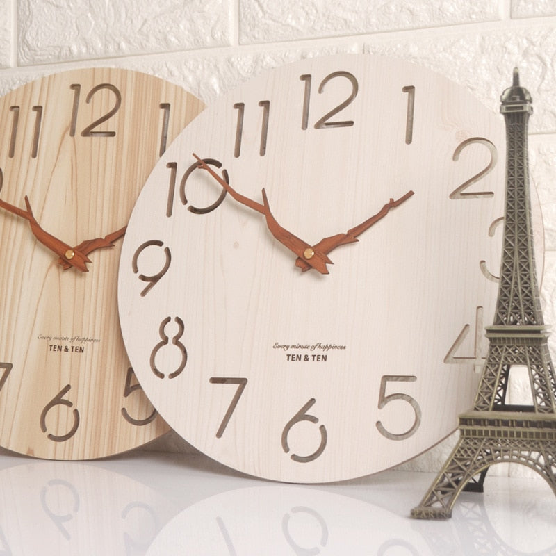 Reloj de pared 3D de madera, diseño moderno, decoración nórdica para habitación de niños, reloj de cocina, reloj de pared hueco artístico, decoración del hogar de 12 pulgadas