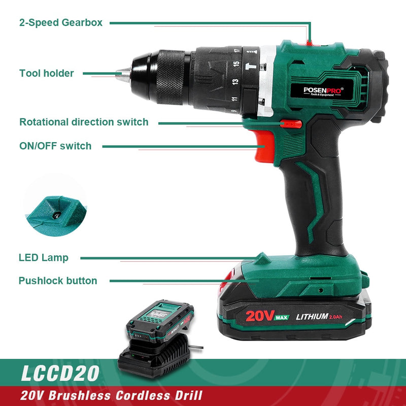 Electric Drill Brushless Cordless Drill 20V 1/2'' All Metal Chuck Cordless Drill Driver Battery 13MM Drill Keyless POSENPRO