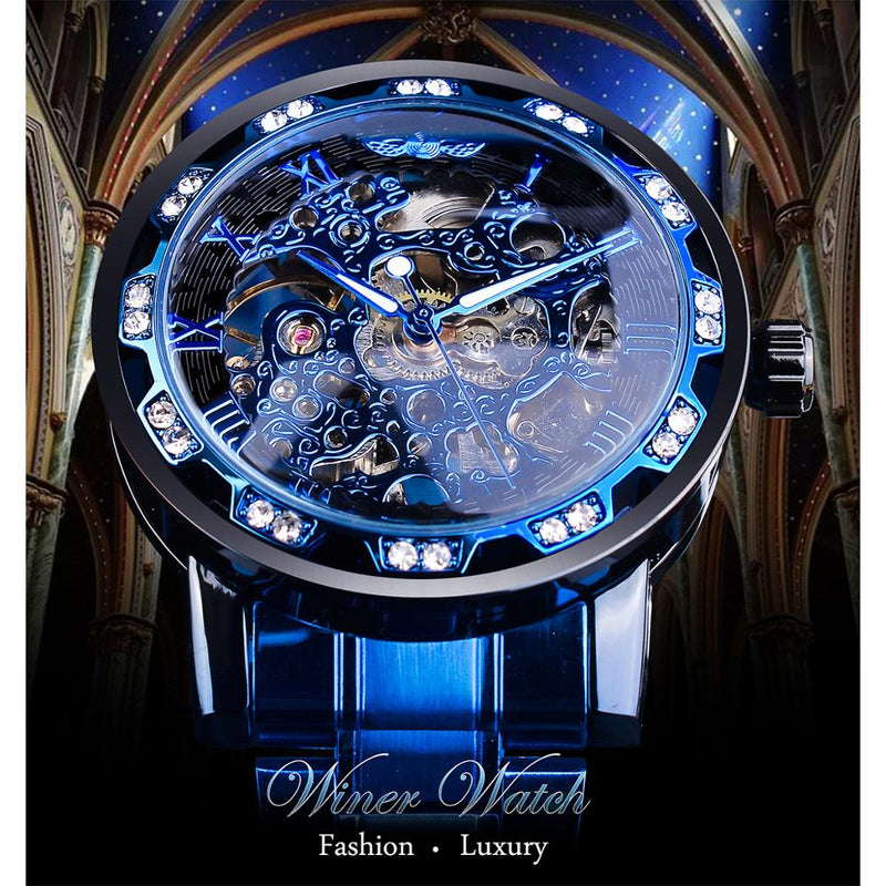 Winner Transparent Diamond Mechanical Watch Blue Stainless Steel Skeleton Watch Top Brand Luxury Business Luminous Male Clock
