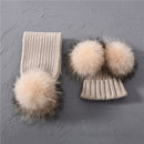 Winter Real Fur Scarf and Hat Set Kids Big Real Raccoon Fur Balls Hat Double Fur Pom Pom Beanies Children Girls Warm  Scarf Cap