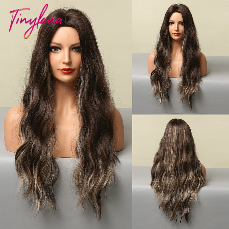 TINY LANA sintético largo Ombre pelucas onduladas marrón Rubio parte media pelucas de Cosplay con flequillo para mujeres pelucas de pelo largo pelo falso