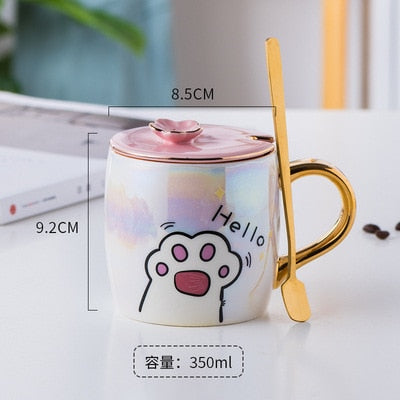 Taza de gato de cerámica de dibujos animados con tapa y cuchara, tazas de leche de café, taza de desayuno creativa bonita, regalo de cumpleaños de boda para el Día de San Valentín