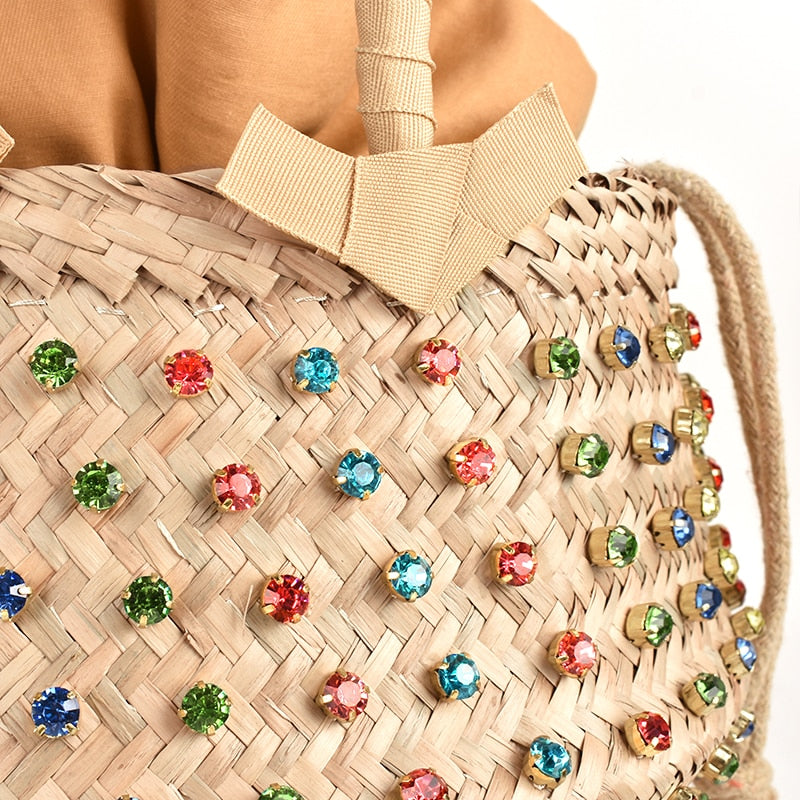 Artmomo Woven Crystal Embellished Tote Bag Rainbow Bucket Bag Women&