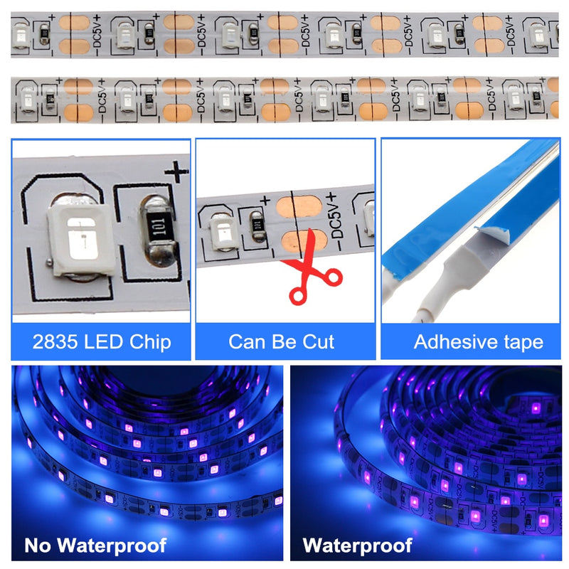 Tira de luces LED UV, 5V CC, 2835, 0,5 M, 1M, 2M, resistente al agua, cinta morada, ultravioleta, USB, cinta de cuerda para DJ fluorescente