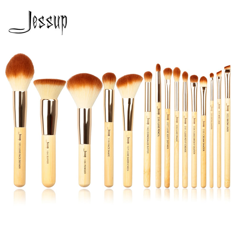 Jessup Bamboo 15 Uds. Juego de brochas de maquillaje profesional de belleza, kit de herramientas de brochas de maquillaje, base en polvo, definidor, delineador de sombreado