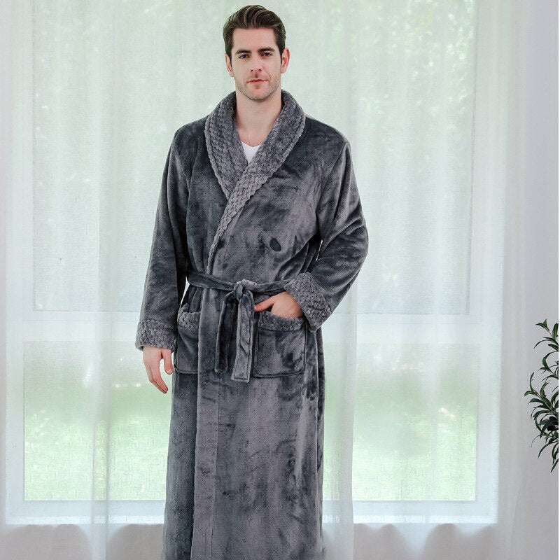 Women Men Winter Plus Size Flannel Robe Extra Long Hooded Warm Bathrobe Lovers Thick Kimono Bath Robe Male Dressing Gown Robes