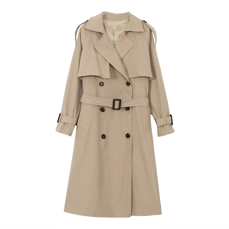 Brand New Frühling Herbst Lange Frauen Trenchcoat Zweireiher Belted Storm Flaps Khaki Kleid Lose Mantel Dame Oberbekleidung Mode