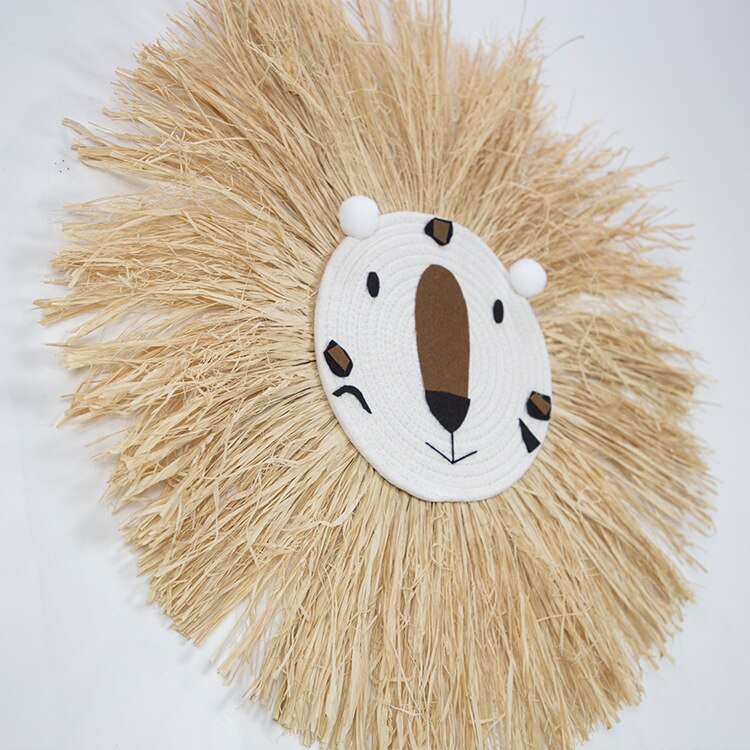 Decoraciones colgantes de León de dibujos animados tejidas a mano de estilo nórdico INS, hilo de algodón tejido, adorno de cabeza de Animal, colgante de pared de habitación para niños