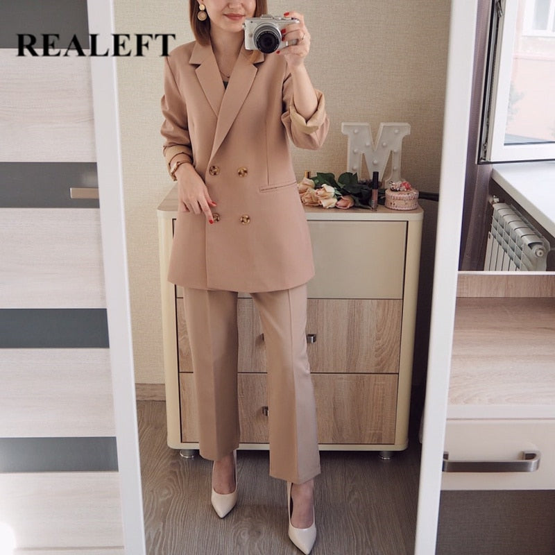 REALEFT 2021 New Autumn Winter Women's Pant Suit Double Breasted Notched Blazer Jacket & Pant Office Wear Women Suit Female Sets