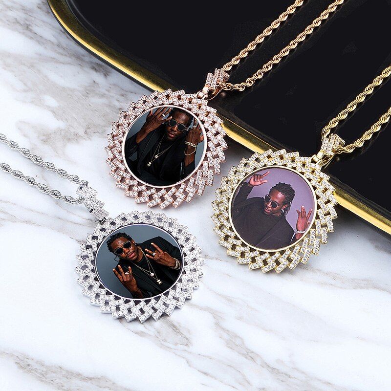 TOPGRILLZ Custom Made Photo Round Medallions Necklace & Pendant with 4mm Tennis Chain Gold Silver Cubic Zircon  Hip hop Jewelry