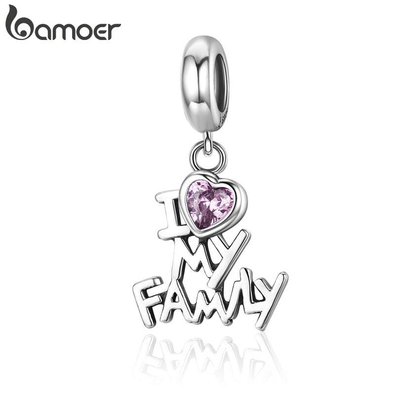 BAMOER Genuine 925 Sterling Silver I Love My Family Heart Dangle Charms fit Women Charm Bracelets Jewelry Family Gift SCC251