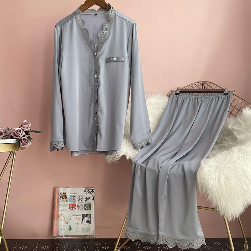 Lisacmvpnel Spring New Pajamas Women's Ice Silk Long Sleeve Solid Lace Suit Pyjamas