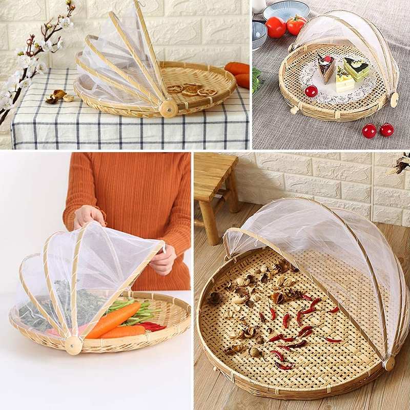 Hand-Woven Food Serving Tent Basket Tray Fruit Vegetable Bread Storage Basket Simple Rattan Outdoor Picnic Mesh Net Cover