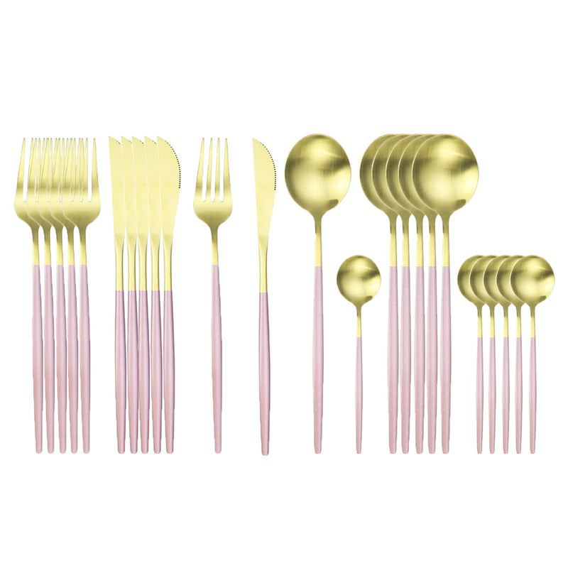 24Pcs Matte Gold Dinnerware Set 18/10 Stainless Steel Knife Fork Spoon Cutlery Set Kitchen Silverware Flatware Tableware Set