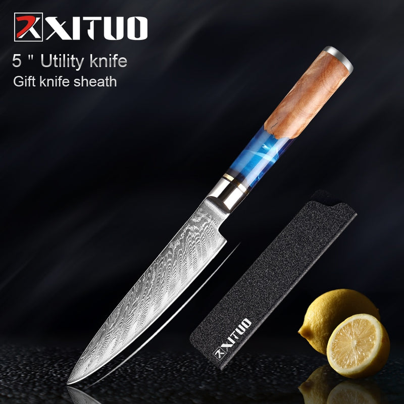 XITUO Küchenmesser-Set Damaskus-Stahl Kochmesser Cleaver Schälwerkzeug Allzweck-Brotmesser Kochwerkzeug Blauer Harzgriff 1-6 Teile/Set