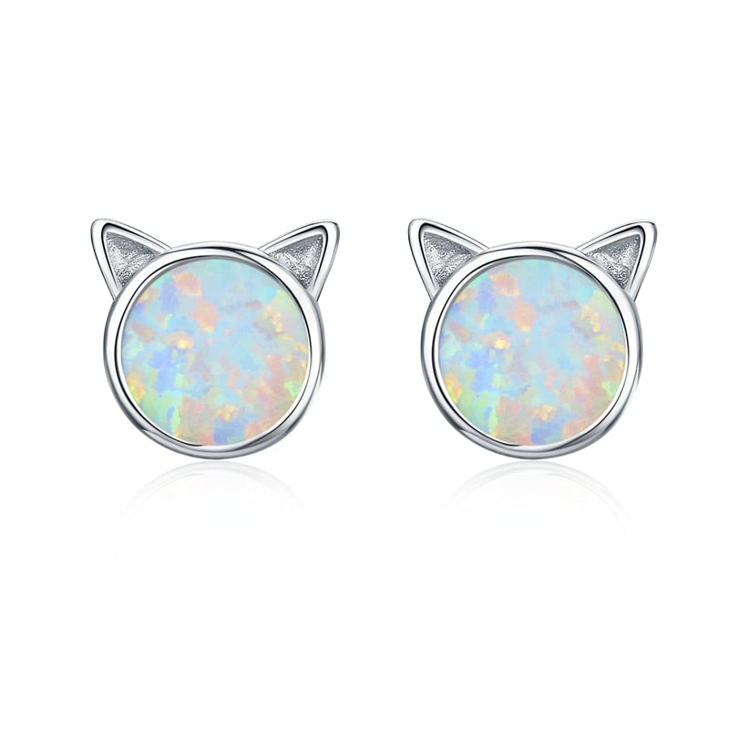 WOSTU 925 Sterling Silver Opal Stud Earrings Cat Unicorn Heart Blue Opal Earrings For Women Original Silver 925 Jewelry