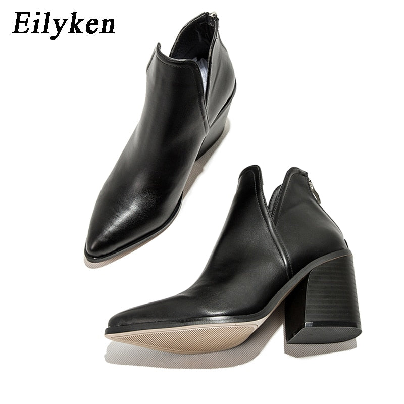 EilyKen, botines para mujer De principios De invierno, botines De tacón cuadrado De vaquero negro informales con cremallera De leopardo para Mujer, Zapatos De Mujer