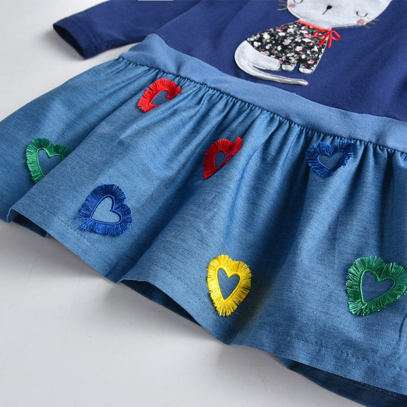 VIKITA Mädchen Baumwollkleid Kinder Cartoon Applizierte Vestidos Kinder Freizeitkleidung Kleidung Mädchen Langarm Patchwork Kleider