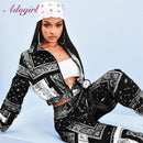 Bandana Print Two Piece Set Causal Paisley Print Long Sleeve Zippers Short Jacket Tops Jogger Pants Suit Outfit Street Tracksuit