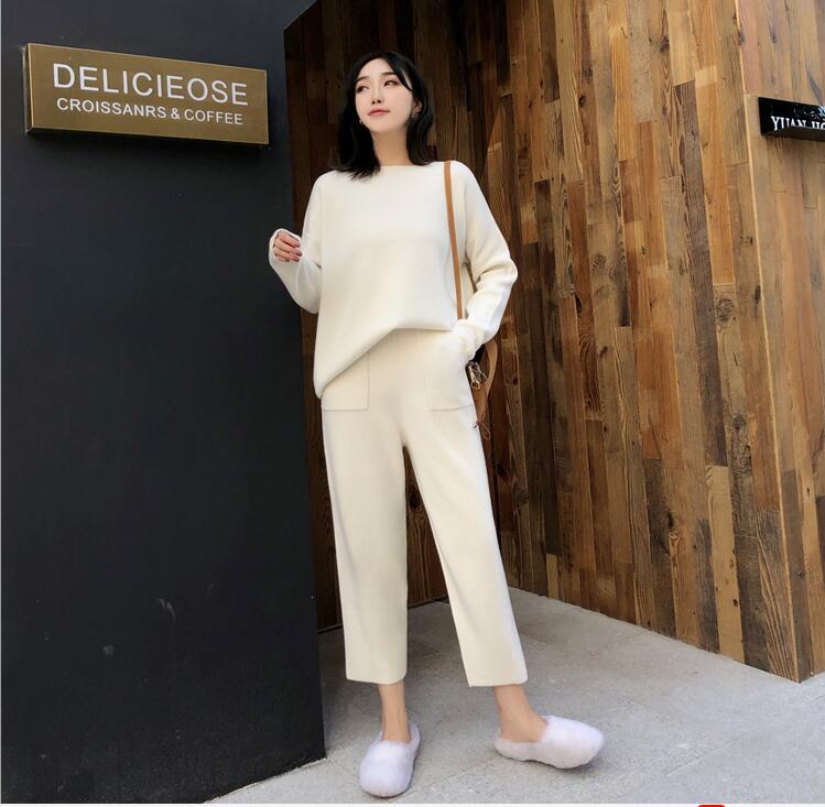 Knitted 2 pieces Set Tracksuits Women 2021 Autumn Winter Thick Warm O-neck Loose Sweater+Ankle-Length Pants Warm Cashmere Suit