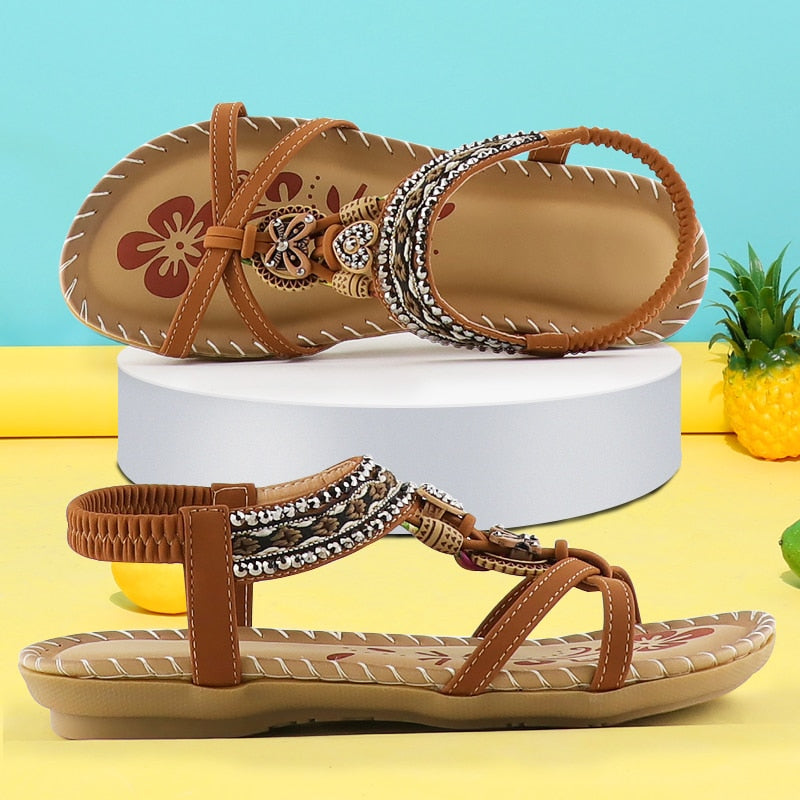 Rhinestone Sandals Ladies 2022 Retro Elastic Band Flat Summer Shoes Woman Soft Gladiator Sandals  Bohemian Print Walking Luxury