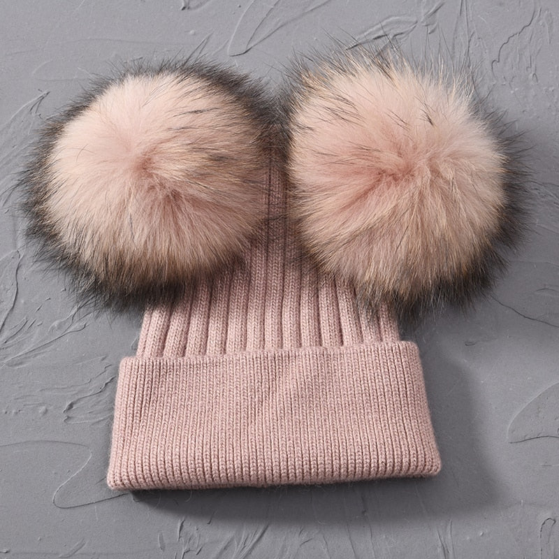 Double Real Raccoon Fur Pompom Hat Women Winter Caps Knitted Wool Hats Skullies Beanies Girls Female Two Fur Pom Pom Beanie Hat