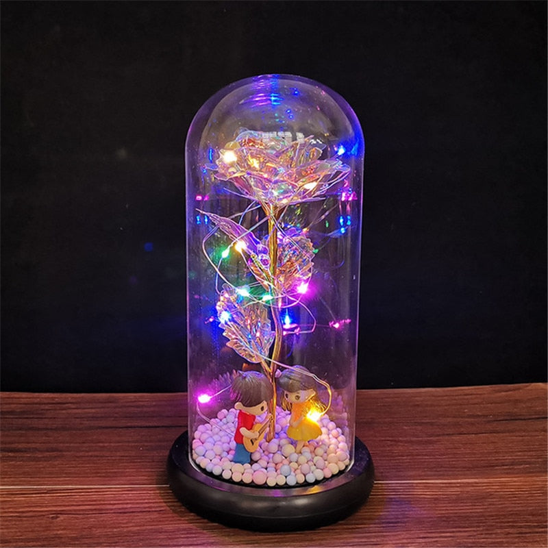 LED Enchanted Galaxy Rose Eternal 24K Gold Foil Flower with String Lights In Dome for Home Decor Christmas Valentine&