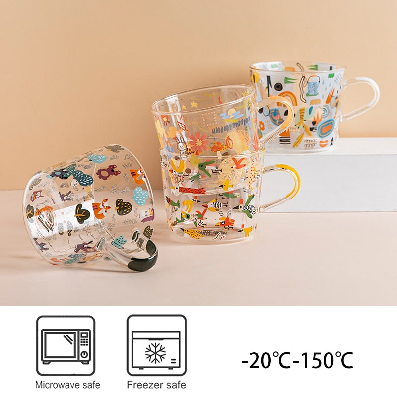 Taza de cristal con escala de dibujos animados de 500ml, taza creativa para desayuno Mlik, taza de café para el hogar, taza de agua para parejas, taza de té resistente al calor