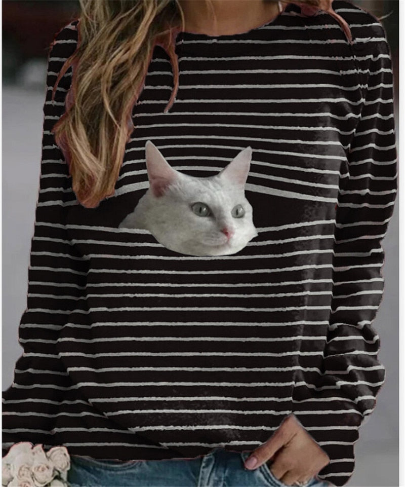 Funny Cute Cat 3D Print Casual Pullovers Women Clothes Spring Autumn Sweatshirts Long Sleeve T-Shirts Lady Clothing Fashion Tops