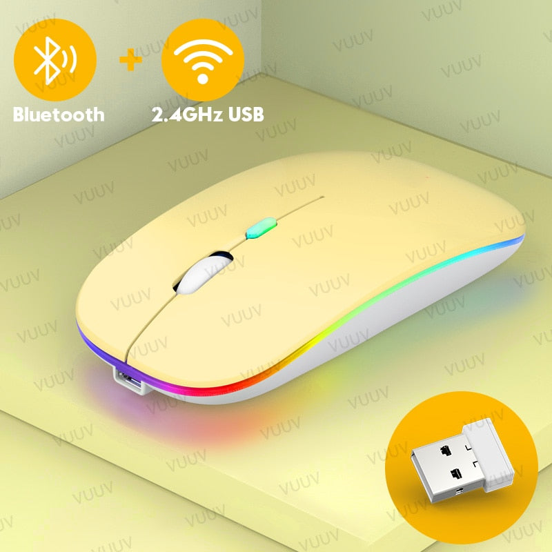 Ratón inalámbrico Bluetooth para ordenador, PC, portátil, iPad, tableta, MacBook con retroiluminación RGB, ratón USB recargable silencioso ergonómico