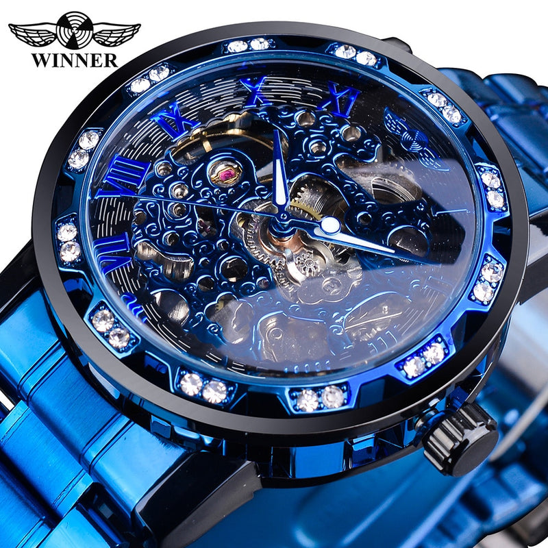 Reloj mecánico de diamantes transparentes Winner, reloj esqueleto de acero inoxidable azul, reloj luminoso de negocios de lujo de marca superior para hombre