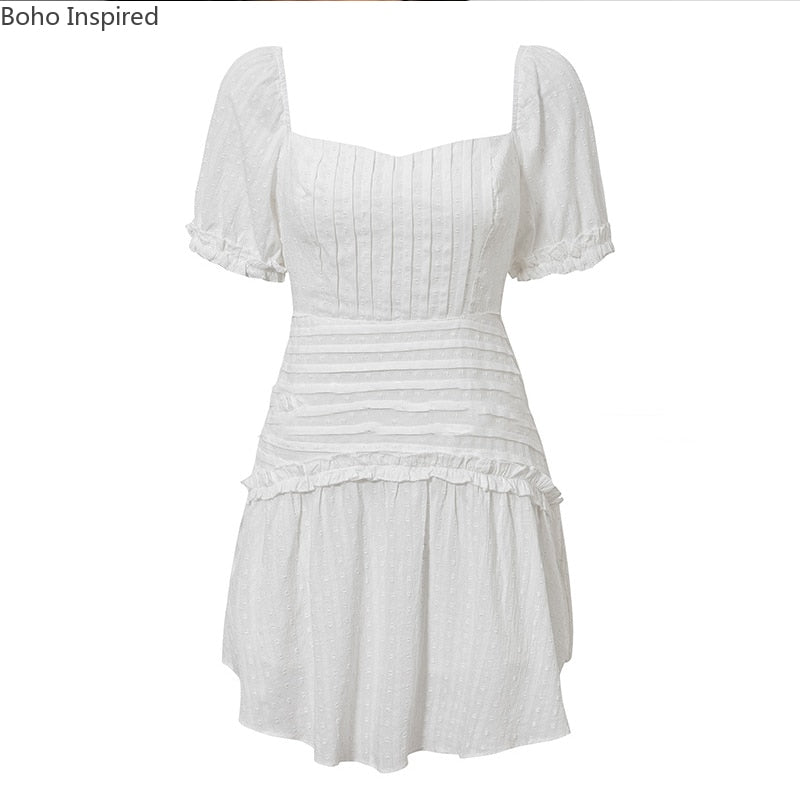 BOHO INSPIRIERTES weißes Rüschen-Frauenkleid Schnüren Sie das Damen-Partykleid mit Puffärmeln, Mini-Sommerkleid, Plissee-Chic-Kleid, weiblich
