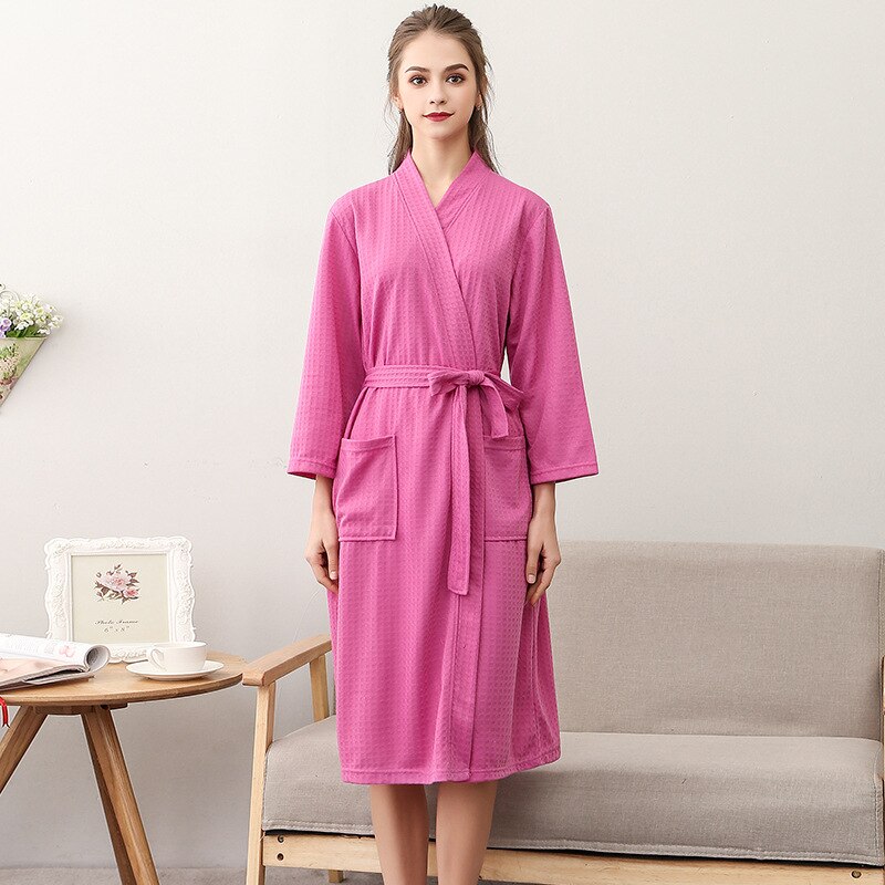 Frauen Sommer 2021 Langer Weicher Bademantel Pyjama Kimono Solide Waffel Bademantel Mit Schärpen Morgenmantel Nachtwäsche Weibliche Homewear