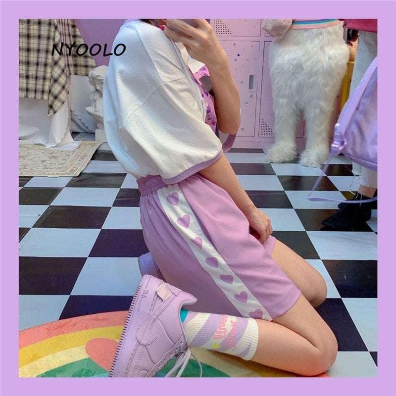 NYOOLO Harajuku estilo amor corazón estampado patchwork cintura alta pantalones cortos mujeres 2020 verano cintura elástica cordón dulce niñas pantalones cortos