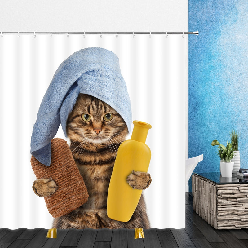 Cortinas de ducha de animales divertidos, decoración de baño para el hogar con Gato bonito, juego de cortinas colgantes de tela de baño de poliéster con ganchos