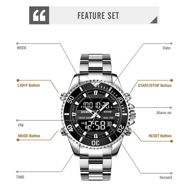 Relojes SKMEI de doble pantalla para hombre, relojes de pulsera digitales a la moda, reloj cronógrafo para hombre, reloj resistente al agua de acero inoxidable, reloj Masculino