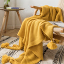 Yellow Blanket Sofa Knit Throw Blanket Solid Soft PomPom Tassels Blanket Travel 130x160cm Home Sofa Chair Couch Bed  50"x62"