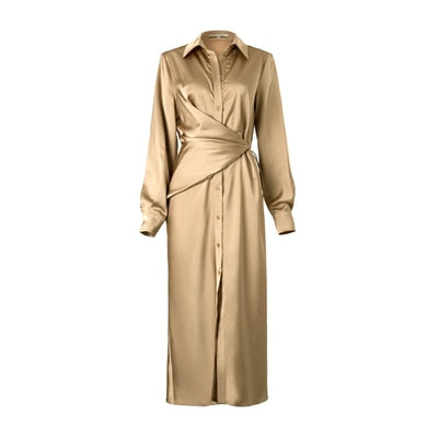 Vestido de túnica de satén con cordones AEL, vestido casual suelto para mujer, vestido camisero largo de un solo pecho