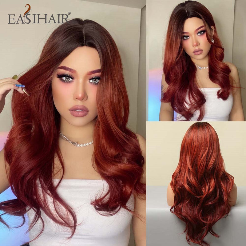 EASIHAIR Long Body Wave Light Brown Wigs with Blonde Highlights Middle Part Cosplay Heat Resistant Synthetic Hair Wigs for Women