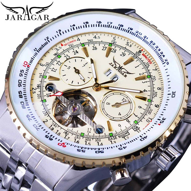 Jaragar 2017 Flying Series Golden Bezel Scale Dial Design Stainless Steel Mens Watch Top Brand Luxury Automatic Mechanical Watch